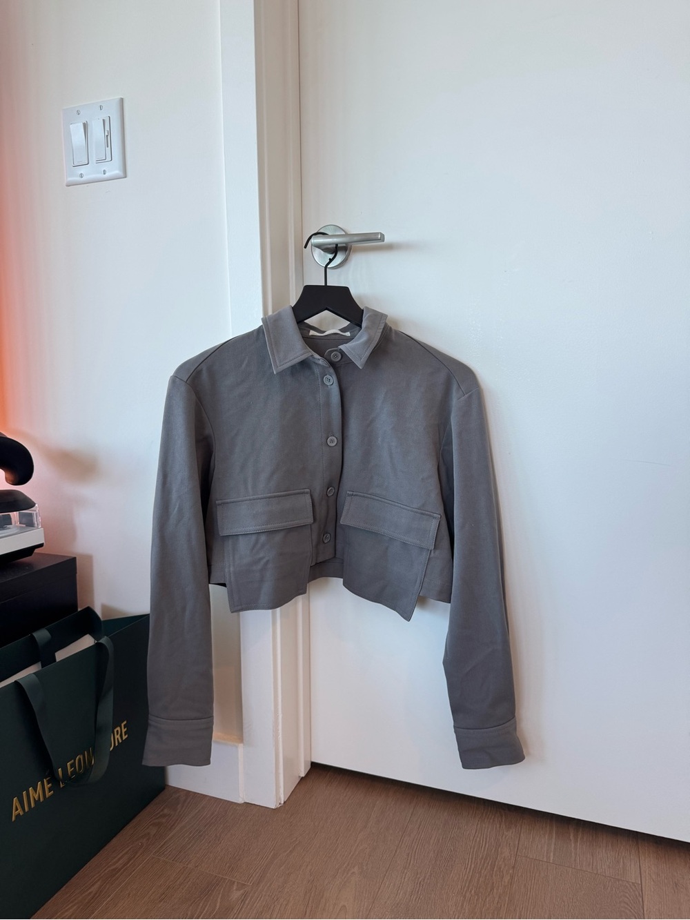 OAK + FORT Cropped Gray Bomber Jacket